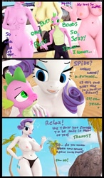 Size: 1680x2873 | Tagged: explicit, artist:sebaxn, fluttershy, pinkie pie, rarity, spike, twilight sparkle, comic:behind the rocks, anthro, banned from derpibooru, beach, bikini, bikini bottom, black bikini, black bikini bottom, black panties, black underwear, car, clothed male nude female, clothes, comic, dialogue, dragon, earth pony, female, imported from twibooru, male, nudity, panties, partial nudity, pegasus, shipping, shotacon, sparity, straight, straight shota, swimsuit, topless, underage, underwear, unicorn