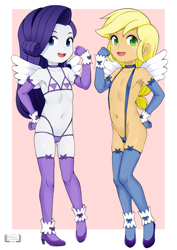 Size: 2500x3536 | Tagged: questionable, artist:oozutsucannon, applejack, rarity, ankle cuffs, banned from derpibooru, bikini, bra, choker, clothes, cuffs, cuffs (clothes), cupless bra, equestria girls, female, g4, gloves, high heels, imported from twibooru, lingerie, lolicon, long gloves, panties, shoes, sling bikini, stockings, swimsuit, thigh highs, thong, underage, underwear