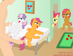 Size: 1584x1224 | Tagged: explicit, artist:jaxonian, apple bloom, babs seed, scootaloo, sweetie belle, anus, ask fapplebloom, babe seed, blank flank, blushing, color edit, colored, cutie mark crusaders, earth pony, edit, fapplebloom, female, filly, fingering, foal, foalcon, g4, group sex, human, human male, human male on filly, human on pony action, imported from derpibooru, interspecies, male, masturbation, nudity, orgasm, pegasus, penetration, pony, sex, simultaneous orgasm, straight, sweat, threesome, unicorn, vaginal, vaginal fingering, vaginal orgasm, vaginal secretions, voyeurism, vulva
