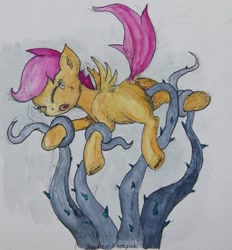 Size: 1248x1343 | Tagged: explicit, grimdark, artist:headless horsecock, scootaloo, anus, black vine, butt, crying, female, foalcon, g4, imported from derpibooru, my little pony: friendship is magic, nudity, plot, princess twilight sparkle (episode), rape, sex, solo, solo female, tentacle porn, tentacle rape, tentacles, tentacles on female, traditional art, vagina