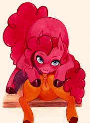Size: 1236x1695 | Tagged: explicit, artist:-fuchs-, pinkie pie, scootaloo, age difference, analingus, analingus on female, anatomically correct, anus, bedroom eyes, butt, female, female on female analingus, filly, foal, foalcon, from behind, g4, imported from derpibooru, interrupted, lesbian, licking, looking at you, mare, mare on filly, nudity, oral, plot, pony, presenting, prone, sex, ship:scootapie, shipping, simple background, smiling, spread legs, table, tongue out, traditional art, vulva