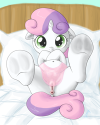 Size: 1600x2000 | Tagged: explicit, artist:shoroch, sweetie belle, anus, belly button, clothes, crotchboobs, female, filly, foal, foalcon, g4, hooves, imported from derpibooru, nipples, nudity, on back, pony, solo, solo female, teats, underhoof, unicorn, vagina