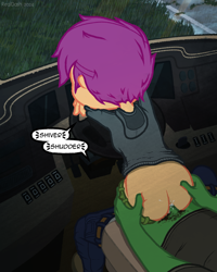 Size: 1200x1500 | Tagged: explicit, artist:realdash, scootaloo, oc, oc:anon, series:time is all we have, anal, anal creampie, banned from derpibooru, butt touch, car, car interior, car sex, clothed sex, clothes, creampie, cum, equestria girls, female, hand on butt, hoodie, human, imminent orgasm, imported from twibooru, leaning, lolicon, messy hair, nudity, pants, pants down, part of a set, penetration, penis, post-apocalyptic, rain, road, rv, sex, socks, underage, vehicle