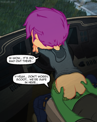 Size: 1200x1500 | Tagged: explicit, artist:realdash, scootaloo, oc, oc:anon, series:time is all we have, anal, banned from derpibooru, butt touch, car, car interior, car sex, clothed sex, clothes, equestria girls, female, hand on butt, hoodie, human, imminent orgasm, imported from twibooru, leaning, lolicon, messy hair, nudity, pants, pants down, part of a set, penetration, penis, post-apocalyptic, rain, road, rv, sex, socks, underage, vehicle