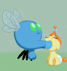 Size: 1280x1352 | Tagged: explicit, artist:rainbow-dosh, babycon, balls, blowjob, cum, diaper, female, foalcon, g4, horsecock, imported from derpibooru, male, nudity, oral, parasprite, penis, pornasprite, pumpkin cake, straight, wat, why