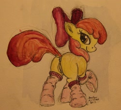 Size: 1494x1352 | Tagged: explicit, artist:headless horsecock, apple bloom, anus, butt, clothes, earth pony, female, filly, foal, foalcon, g4, imported from derpibooru, nudity, plot, ponut, pony, presenting, socks, solo, solo female, traditional art, vulva