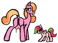 Size: 2473x1820 | Tagged: explicit, artist:slitherkitty, oc, oc:cherry sweet, oc:honey sweet, anus, big crotchboobs, butt, crotchboobs, earth pony, female, foalcon, imported from derpibooru, lactation, leaking, mare, nipples, nudity, oc only, pegasus, plot, pony, presenting, vulva