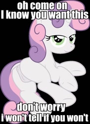 Size: 700x960 | Tagged: explicit, sweetie belle, anus, bedroom eyes, bronybait, female, foalcon, g4, image macro, imported from derpibooru, nudity, ponut, solo, solo female, vagina