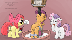Size: 1500x846 | Tagged: explicit, artist:smudge proof, apple bloom, scootaloo, sweetie belle, alternate version, anatomically correct, anus, bondage, commission, crotchboobs, crying, cum, cum belly, cum inflation, cum pool, cumgag, cutie mark crusaders, earth pony, feeding tube, female, filly, foal, foalcon, g4, gag, imported from derpibooru, inflation, nipples, nudity, ponut, pony, remote control, vulva, wingboner
