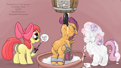 Size: 1500x846 | Tagged: explicit, artist:smudge proof, apple bloom, scootaloo, sweetie belle, anatomically correct, anus, belly button, bondage, buckets of cum, bukkake, commission, crotchboobs, crying, cum, cum belly, cum inflation, cum pool, cumgag, cutie mark crusaders, earth pony, excessive cum, feeding tube, female, filly, foal, foalcon, g4, gag, imported from derpibooru, inflation, nipples, nudity, ponut, pony, remote control, swallow, throat bulge, vulva, wingboner