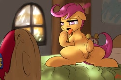Size: 1321x878 | Tagged: explicit, artist:crade, scootaloo, anus, bed, belly button, cape, clitoris, clothes, drool, female, filly, foal, foalcon, g4, imported from derpibooru, lidded eyes, masturbation, nudity, open mouth, pony, solo, solo female, tongue out, vaginal secretions, vulva