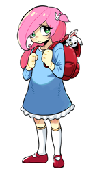 Size: 1220x2200 | Tagged: safe, artist:yodaka, fluttershy, animal, blue dress, bunny hairclip, child, children's day, clothes, dress, equestria girls, female, frilly dress, full body, g4, hairclip, holding, human, imported from twibooru, kneesocks, legwear, lolicon, long sleeves, long socks, looking at you, mary janes, pacifier, rabbit, randoseru, shoes, simple background, socks, solo, underage, white background, younger fluttershy
