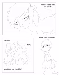 Size: 2716x3425 | Tagged: explicit, artist:theponybox696, oc, comic:watersports, accident, accidental wetting, bipedal, comic, crying, female, filly, foal, foalcon, humiliation, imported from derpibooru, monochrome, need to pee, nudity, oc only, omorashi, peeing on the floor, pissing, pony, potty time, public, urine, vulva