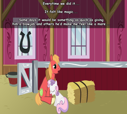 Size: 1250x1120 | Tagged: explicit, sweetie belle, artist needed, ask the perverted cmc, barn, big macintosh, blowjob, comic, earth pony, foalcon, g4, genitals, horn, imported from derpibooru, male, nudity, oral, penis, pony, sex, ship:sweetiemac, stallion, straight, unicorn