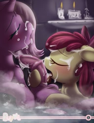 Size: 762x992 | Tagged: explicit, artist:sip, apple bloom, oc, oc:lamia, bath, blowjob, blushing, buy me, buy me 2.0, canon x oc, cum, cum on body, cum on chest, cum on hair, cum on hooves, facial, foalcon, futa, futa oc, futa on female, g4, horsecock, imported from derpibooru, intersex, licking, nudity, oral, penis, pony, tongue out