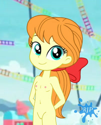 Size: 850x1050 | Tagged: explicit, artist:rjp.rammy, anonymous editor, arm behind back, banned from derpibooru, belly button, blurry background, bow, breasts, delicious flat chest, edit, equestria girls, female, hair bow, imported from twibooru, innocent, lolicon, long hair, megan williams, no pubic hair, nude edit, nudity, outdoors, pink nipples, ponytail, roller coaster, signature, smiling, solo, standing, underage