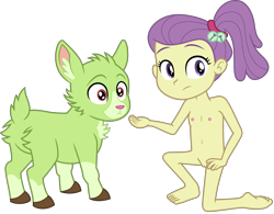 Size: 3840x3000 | Tagged: explicit, artist:cloudy glow, anonymous editor, banned from derpibooru, barefoot, complete nudity, edit, equestria girls, feet, female, goat, imported from twibooru, lily pad (g4), lolicon, nude edit, nudity, simple background, transparent background, underage