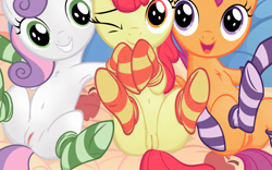Size: 1920x1200 | Tagged: explicit, artist:illuminatiums, apple bloom, scootaloo, sweetie belle, adorabloom, bed, belly button, clothes, cropped, cute, cute porn, cutealoo, cutie mark crusaders, diasweetes, earth pony, edit, female, filly, foal, foalcon, g4, genitals, human vulva on pony, imported from derpibooru, indoors, legwear, nudity, open mouth, pony, show accurate, show accurate porn, smiling, socks, striped socks, thigh highs, vulva, wink