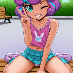 Size: 1024x1024 | Tagged: suggestive, princess flurry heart, /jdb/, ai generated, banned from derpibooru, bench, clothes, female, human, humanized, imported from twibooru, lolicon, looking at you, panties, peace sign, shoes, skirt, smiling, sneakers, socks, tanktop, underage, underwear, wink, winking at you