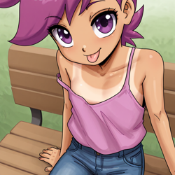 Size: 1024x1024 | Tagged: suggestive, scootaloo, /jdb/, ai generated, banned from derpibooru, bench, clothes, female, human, humanized, imported from twibooru, jeans, lolicon, looking at you, pants, solo, tan lines, tongue out, underage