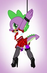 Size: 1297x2000 | Tagged: explicit, artist:pyruvate, spike, anal insertion, ballgag, bondage, clothes, crossdressing, dildo, dragon, femboy, femboy spike, foalcon, g4, gag, high heels, imported from derpibooru, insertion, male, nudity, penis, school uniform, sex toy, sissy, skirt, skirt boner, small penis, solo, solo male, spikesub, vibrator