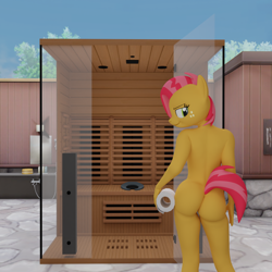 Size: 1510x1510 | Tagged: questionable, artist:joshua, babs seed, 3d, anthro, banned from derpibooru, bedroom eyes, breasts, butt, delicious flat chest, earth pony, female, freckles, imported from twibooru, lolicon, sauna, seductive, seductive look, small breasts, source filmmaker, toilet paper, underage