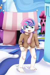 Size: 4000x6000 | Tagged: explicit, artist:pvryohei, princess flurry heart, banned from derpibooru, barefoot, barefooting, bottomless, clothes, crystal empire, cute, edit, feet, female, human, humanized, imported from twibooru, jacket, lolicon, nudity, partial nudity, scarf, snow, soles, solo, solo female, underage, vagina, walking