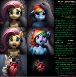 Size: 1115x1127 | Tagged: explicit, grimdark, fluttershy, rainbow dash, comic:pony eats, ai generated, anthro, banned from derpibooru, cannibalism, death, dismemberment, female, heart, heart (organ), imported from twibooru, lolicon, mercy, organs, overwatch, prompter:dinkeldash, redemption, underage, wolves