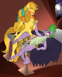 Size: 2395x2949 | Tagged: explicit, artist:v-d-k, spike, anal, anal creampie, anal orgasm, anthro, balls, bed, blushing, braeburn, creampie, cum, cum while penetrated, cumming, dragon, excessive cum, facial, foalcon, g4, gay, hands free, imported from derpibooru, male, nudity, orgasm, orgasm cumshot, penis, reverse cowgirl, ship:spails, ship:spikeburn, shipping, simultaneous orgasm, snailburn, snails