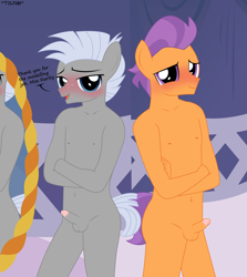 Size: 2692x3014 | Tagged: explicit, artist:tolpain, anthro, banned from derpibooru, belly button, chipcutter, earth pony, erection, female, foal, implied rarity, imported from twibooru, male, males only, modeling, nipples, nudity, pegasus, penis, shotacon, straight, straight shota, tender taps, underage