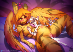 Size: 2405x1733 | Tagged: explicit, artist:sugarlesspaints, oc, oc:camber, aftersex, age difference, alternate version, anthro, areola, banned from derpibooru, belly button, big breasts, blushing, bracelet, breasts, collar, commission, creampie, cum, ear piercing, earring, eyebrows visible through hair, eyes closed, feet, female, floating heart, heart, imported from twibooru, jewelry, lidded eyes, lying down, male, nudity, oc only, open mouth, outie belly button, pegasus, piercing, plantigrade anthro, pregnant, ring, shotacon, smiling, straight, straight shota, underage, vulva, zebra, zebra oc, zebradom