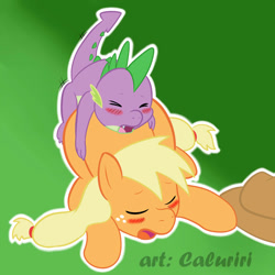 Size: 1200x1200 | Tagged: explicit, artist:caluriri, applejack, spike, dragon, female, foalcon, g4, imported from derpibooru, male, obscured penetration, ship:applespike, shipping, softcore, straight
