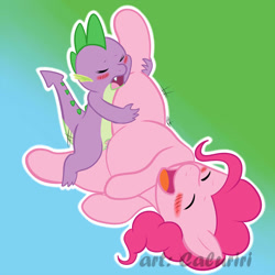 Size: 1200x1200 | Tagged: explicit, artist:caluriri, pinkie pie, spike, dragon, female, foalcon, g4, holding legs, imported from derpibooru, male, on side, ship:pinkiespike, shipping, straight