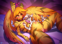 Size: 2405x1733 | Tagged: explicit, artist:sugarlesspaints, oc, oc:camber, age difference, alternate version, anthro, areola, banned from derpibooru, belly button, big breasts, blushing, bracelet, breasts, collar, commission, ear piercing, earring, eyebrows visible through hair, eyes closed, feet, female, floating heart, heart, imported from twibooru, jewelry, lidded eyes, lying down, male, nudity, oc only, open mouth, outie belly button, pegasus, piercing, plantigrade anthro, pregnant, ring, shotacon, smiling, straight, straight shota, underage, vulva, zebra, zebra oc, zebradom