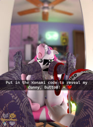 Size: 2804x3840 | Tagged: questionable, artist:velvetcharm, sweetie belle, 3d, anthro, banned from derpibooru, blender, blender cycles, covering, female, implied button mash, imported from twibooru, lolicon, one finger selfie challenge, selfie, ship:sweetiemash, shipping, teasing, underage, unicorn