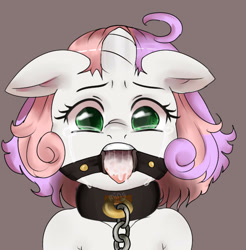Size: 590x600 | Tagged: explicit, grimdark, artist:php96, sweetie belle, chains, collar, creampie, crying, cum, cum in mouth, female, filly, floppy ears, foal, foalcon, g4, gag, gray background, implied straight, imported from derpibooru, leash, looking at you, oral, oral creampie, pony, rape, ring gag, sex, simple background, solo, solo female, unicorn