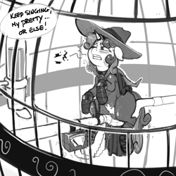 Size: 5000x5000 | Tagged: explicit, artist:kevinsano, sweetie belle, absurd resolution, black and white, bondage, bondage furniture, cage, clothes, collar, costume, electric sex, electricity, electrostim, female, foalcon, fucking machine, g4, grayscale, horn, horn ring, imported from derpibooru, insertion, machine, magic suppression, mare do well, monochrome, nudity, pet play, pony, solo, solo female, sweetie do well, unicorn, vaginal insertion, vulva
