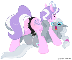 Size: 1000x842 | Tagged: explicit, artist:ponyclopsasaurus, diamond tiara, silver spoon, anus, blushing, butt, cum, cumming, earth pony, eyes closed, female, floppy ears, foalcon, g4, glasses, imported from derpibooru, insertion, jewelry, legs in air, lesbian, mare, missionary position, nudity, older, older diamond tiara, older silver spoon, open mouth, orgasm, plot, pony, sex, sex toy, ship:silvertiara, shipping, simple background, strapon, tiara, tongue out, underhoof, url, vaginal insertion, vaginal secretions, white background