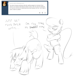 Size: 1020x1050 | Tagged: questionable, artist:pepperoach, silver spoon, big macintosh, earth pony, femdom, foalcon, foaldom, g4, imminent pegging, imported from derpibooru, male, malesub, pony, sex toy, shipping, silvermac, stallion, straight, strapon, submissive, tumblr
