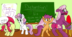 Size: 1900x990 | Tagged: explicit, artist:hungoverpony, apple bloom, scootaloo, sweetie belle, ballgag, bondage, cheerilee, cutie mark crusaders, dildo, drool, female, foalcon, foaldom, g4, gag, imported from derpibooru, lesbian, mare on filly, nudity, paddle, riding crop, role reversal, sex toy, spanking, vagina, vaginal secretions, whipping