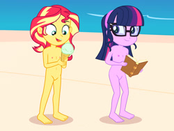 Size: 2048x1536 | Tagged: explicit, artist:draymanor57, twilight sparkle, anonymous editor, banned from derpibooru, barefoot, beach, complete nudity, edit, feet, female, imported from twibooru, lolicon, nude edit, nudity, sunset shimmer, underage, younger