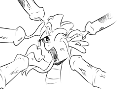 Size: 800x640 | Tagged: explicit, artist:xioade, spike, barb, bukkake, cum, disembodied penis, dragon, female, foalcon, g4, imported from derpibooru, male, monochrome, nudity, penis, rule 63, straight, tongue out