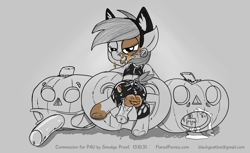 Size: 1000x613 | Tagged: explicit, artist:smudge proof, bipedal leaning, black and white, bodypaint, cat ears, clothes, commission, costume, foalcon, foodplay, g4, grayscale, halloween, imported from derpibooru, latex, looking at you, looking back, male, monochrome, nightmare night, nudity, partial color, penis, pipsqueak, presenting, pumpkin, rubber, sex toy, solo, solo male, strapon, torn clothes