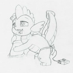 Size: 985x993 | Tagged: explicit, artist:quartz-poker, spike, ahegao, anal, dead source, dragon, foalcon, g4, gay, heart, horsecock, imported from derpibooru, male, monochrome, nudity, penis, precum, sex toy, sketch, vibrator
