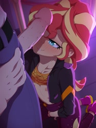 Size: 1200x1600 | Tagged: explicit, artist:rockset, banned from derpibooru, bedroom eyes, belly button, breasts, clothes, delicious flat chest, equestria girls, eyes on the prize, female, human, human coloration, human male, human on equestria girl action, imminent blowjob, imminent sex, imported from twibooru, lolicon, male, music festival outfit, nipples, nudity, seductive, seductive look, small breasts, smiling, smirk, smug, straight, sunset shimmer, underage