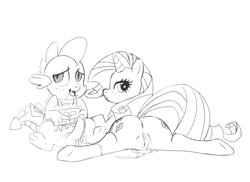 Size: 1215x884 | Tagged: explicit, artist:mew, rarity, spike, aftersex, apron, both cutie marks, clothes, creampie, cum, dragon, female, foalcon, g4, imported from derpibooru, male, monochrome, naked apron, pony, ship:sparity, shipping, splits, spread legs, straight