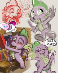 Size: 640x800 | Tagged: explicit, artist:sammystowes, pinkie pie, spike, blushing, book, butt, covering, cum, dragon, fantasizing, foalcon, g4, heart, imported from derpibooru, innuendo, male, nudity, penis, plot, sketch, sketch dump, solo, solo male, straight, tail covering, tailboner, vagina, voyeurism