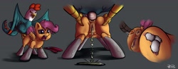 Size: 3902x1533 | Tagged: explicit, grimdark, artist:ponypeon, scootaloo, anal, anus, bestiality, bondage, butt, butt pregnancy, cockatrice, crotchboobs, crying, cum, egg, eggnant, female, filly, foal, foalcon, g4, gray background, imported from derpibooru, impregnation, interspecies, male, nipples, nudity, open mouth, oviposition, pegasus, penis, petrification, pissing, pissing while raped, plot, ponut, pony, pregnant, rape, rape pregnancy, scootatrice, signature, simple background, straight, teeth, urine, uvula, vagina, watersports, wings, x-ray