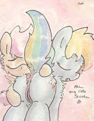 Size: 686x886 | Tagged: explicit, artist:slightlyshade, rainbow dash, scootaloo, analingus, analingus on female, anus, butt, dock, female, female on female analingus, foalcon, g4, genitals, imported from derpibooru, lesbian, mare, mare on filly, nudity, penetration, plot, pony, sex, ship:scootadash, shipping, traditional art, vulva