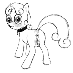 Size: 2048x2048 | Tagged: explicit, artist:jaca, sweetie belle, anus, blushing, collar, female, foalcon, free culture, g4, imported from derpibooru, monochrome, nudity, sketch, solo, solo female, vagina